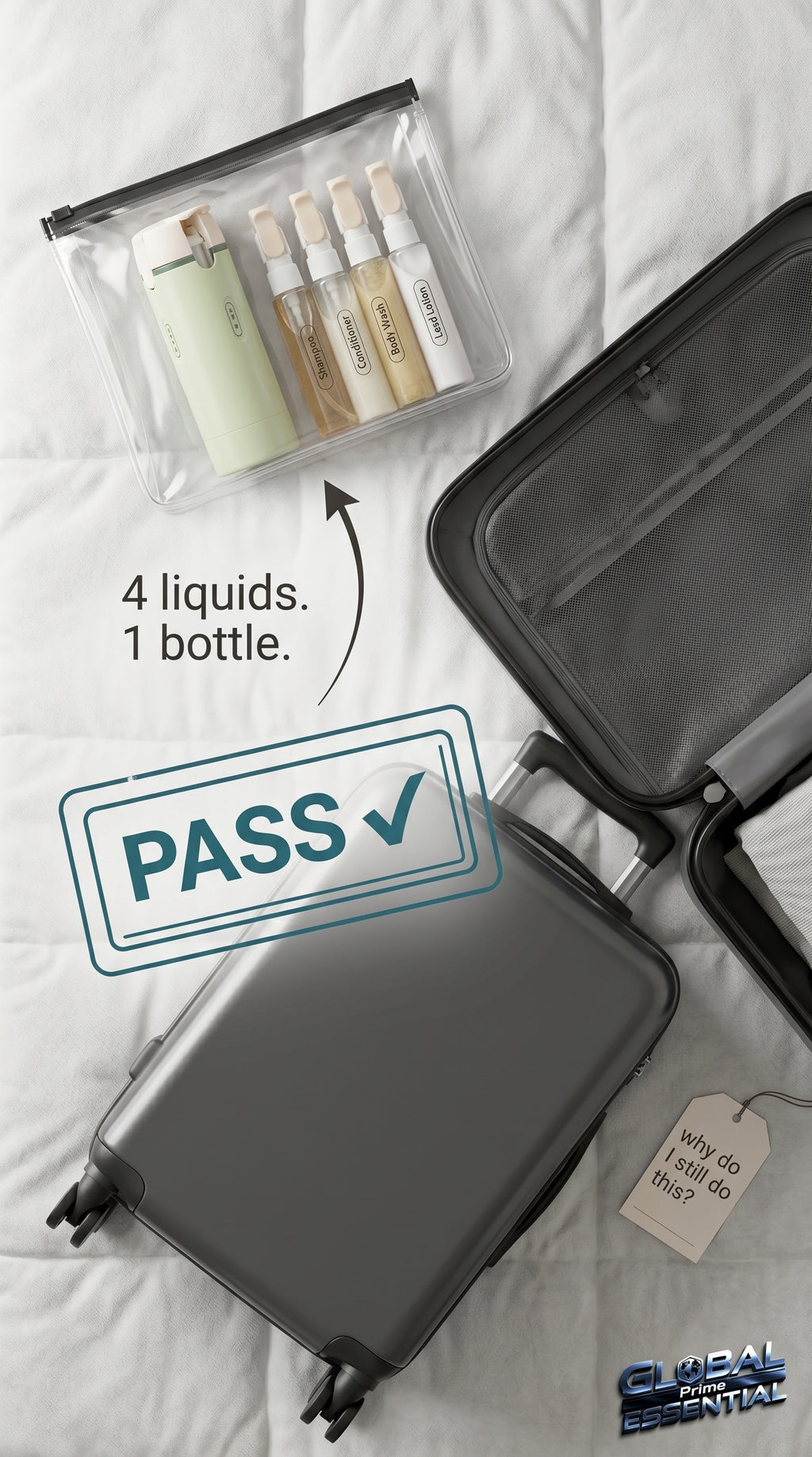 Global Prime Essential 4-in-1 travel dispenser bottle for outdoor use, with multiple compartments for toiletries and liquids.