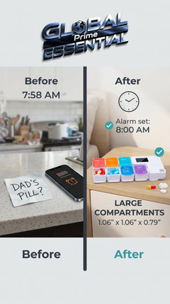 Global Prime Essential drug storage alarm box with secure compartments for safe and organized medication management.