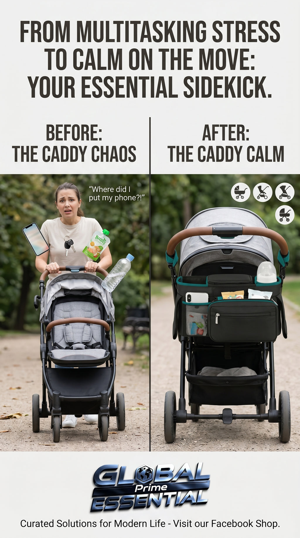 Global Prime Essential baby stroller manager with non-slip strap, showing an organized stroller with accessories secured and neatly arranged.