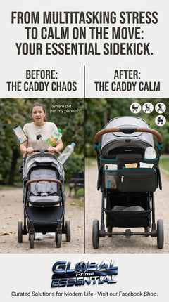 Global Prime Essential baby stroller manager with non-slip strap, showing an organized stroller with accessories secured and neatly arranged.