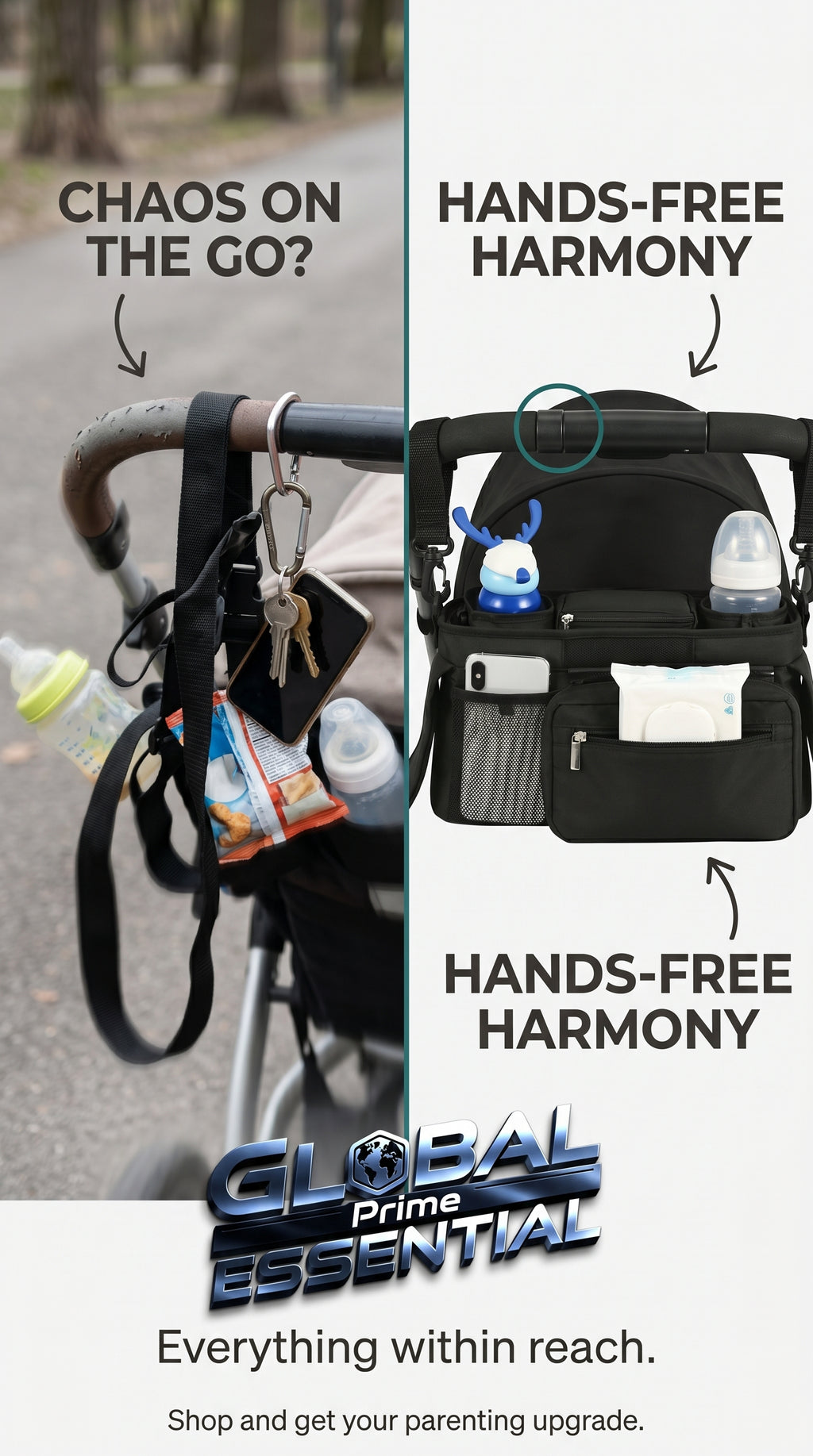 Global Prime Essential baby stroller manager with non-slip strap, designed to keep your stroller organized and secure.
