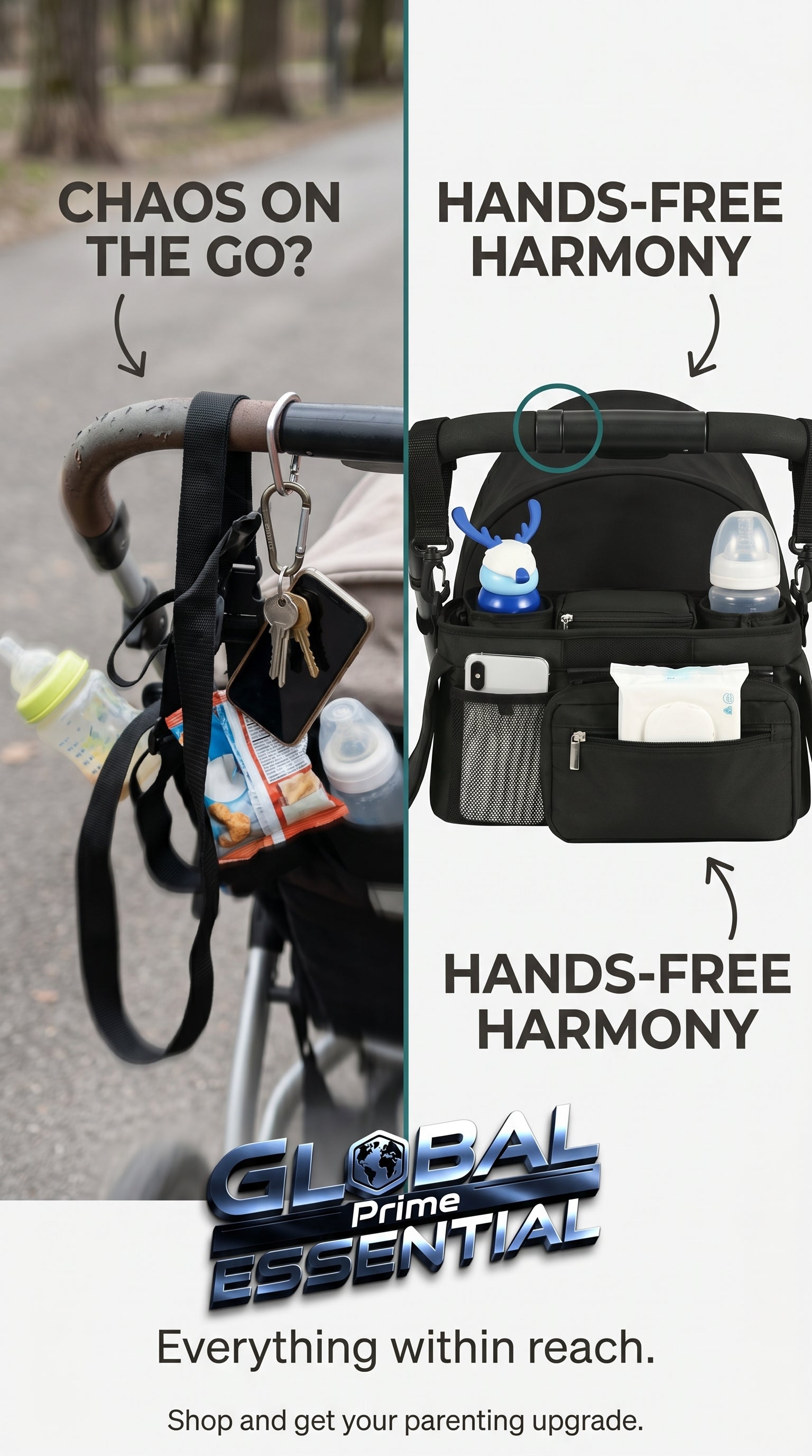 Global Prime Essential baby stroller manager with non-slip strap, designed to keep your stroller organized and secure.