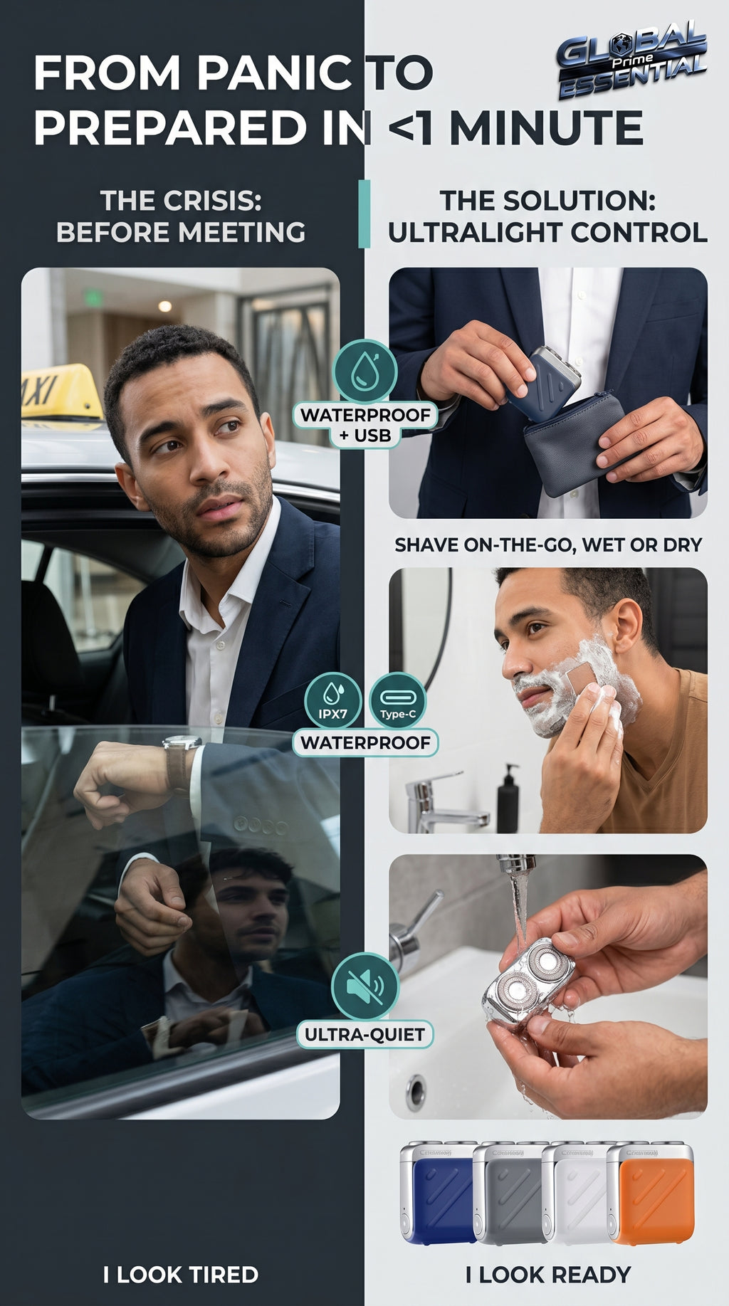 Global Prime Essential mini waterproof electric shaver with smooth, close-shave blades and ergonomic design for easy grooming.