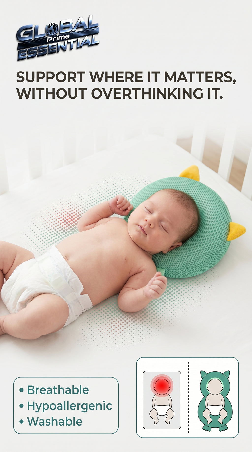 Global Prime Essential newborn protection pillow supporting baby's head and neck, a safe baby accessory for comfort and safety.