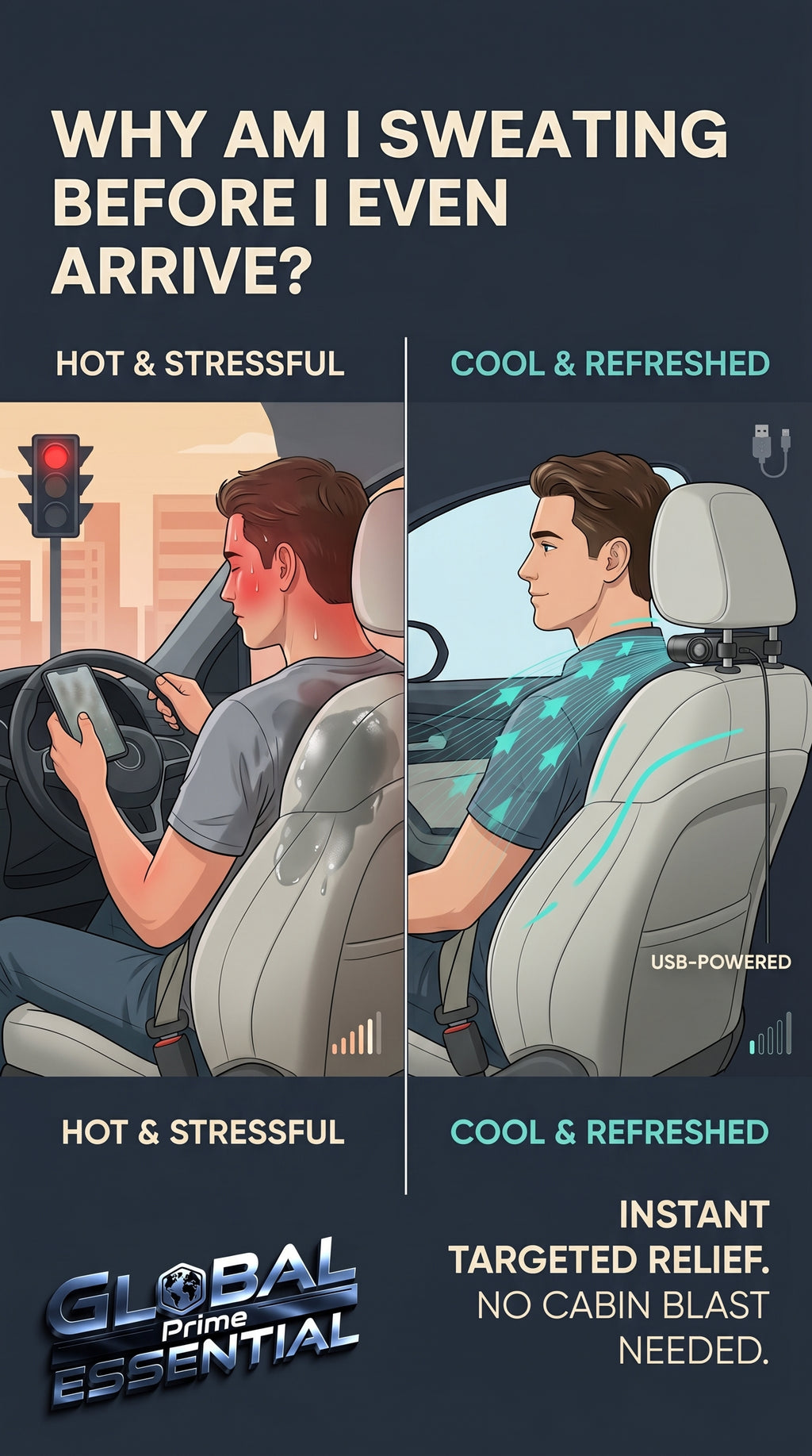 Global Prime Essential cooling car seat fan cooling a sweaty driver in a parked car during hot weather.