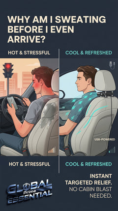 Global Prime Essential cooling car seat fan cooling a sweaty driver in a parked car during hot weather.