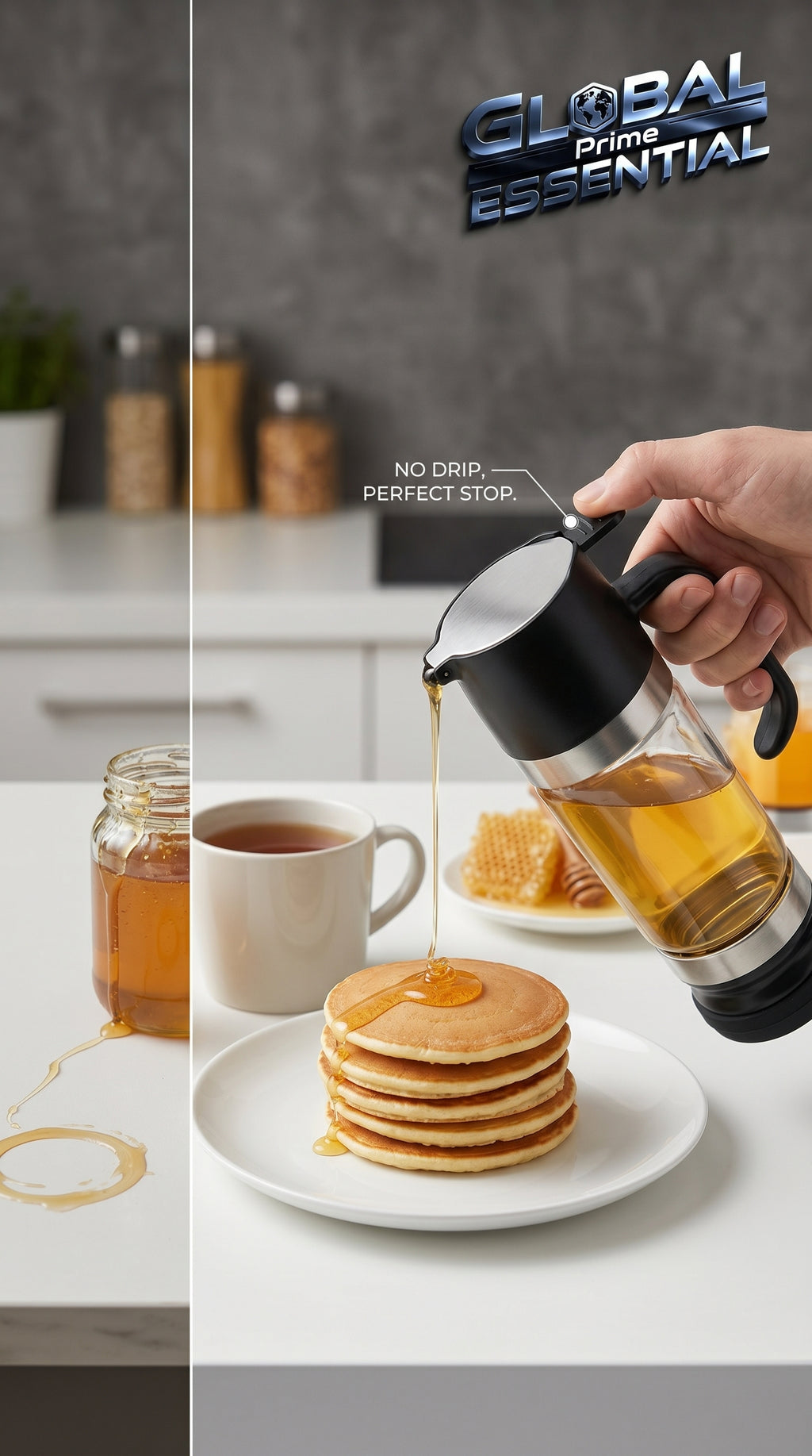 Global Prime Essential honey dispenser with handle and no-drip spout, designed for easy, mess-free honey pouring.