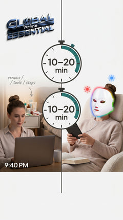 Global Prime Essential therapy mask applied on a woman's face for skincare, promoting relaxation and skin rejuvenation.