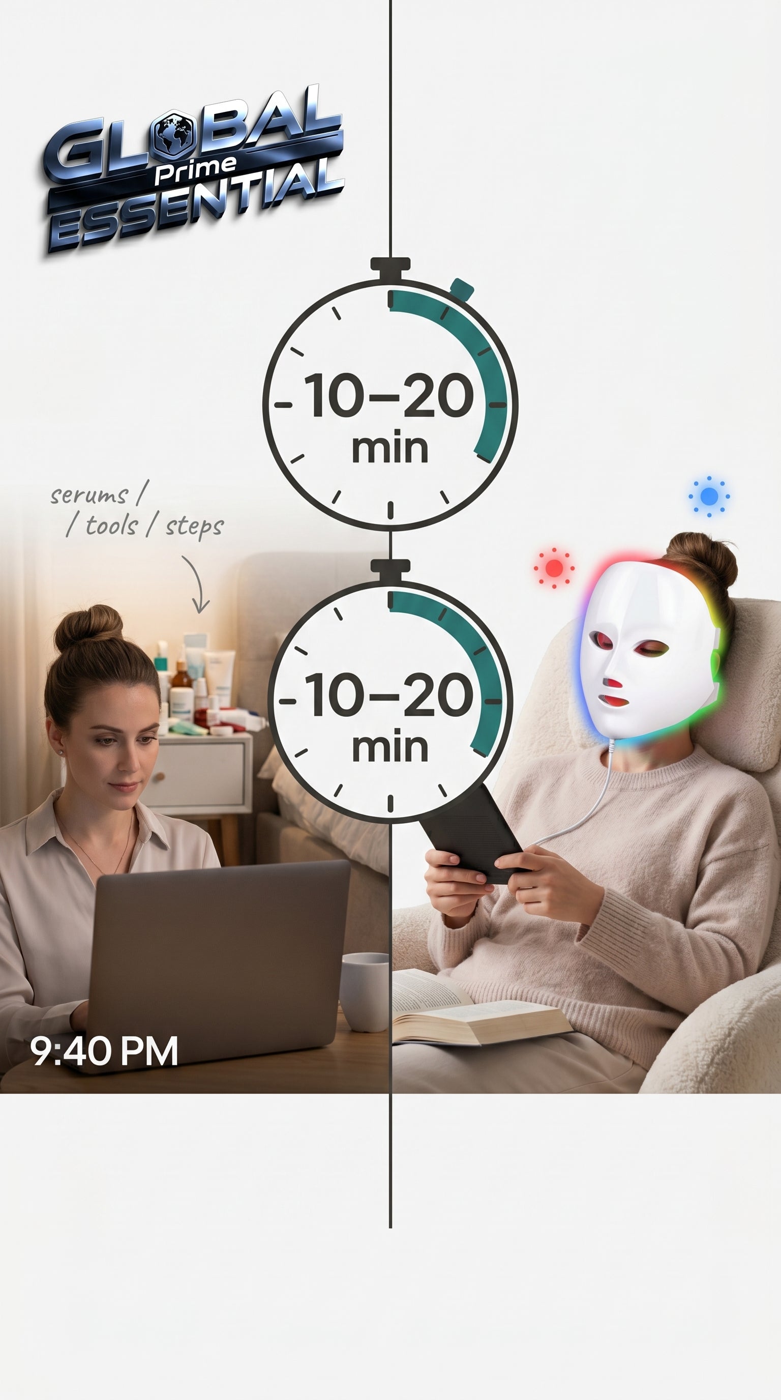 Global Prime Essential therapy mask applied on a woman's face for skincare, promoting relaxation and skin rejuvenation.