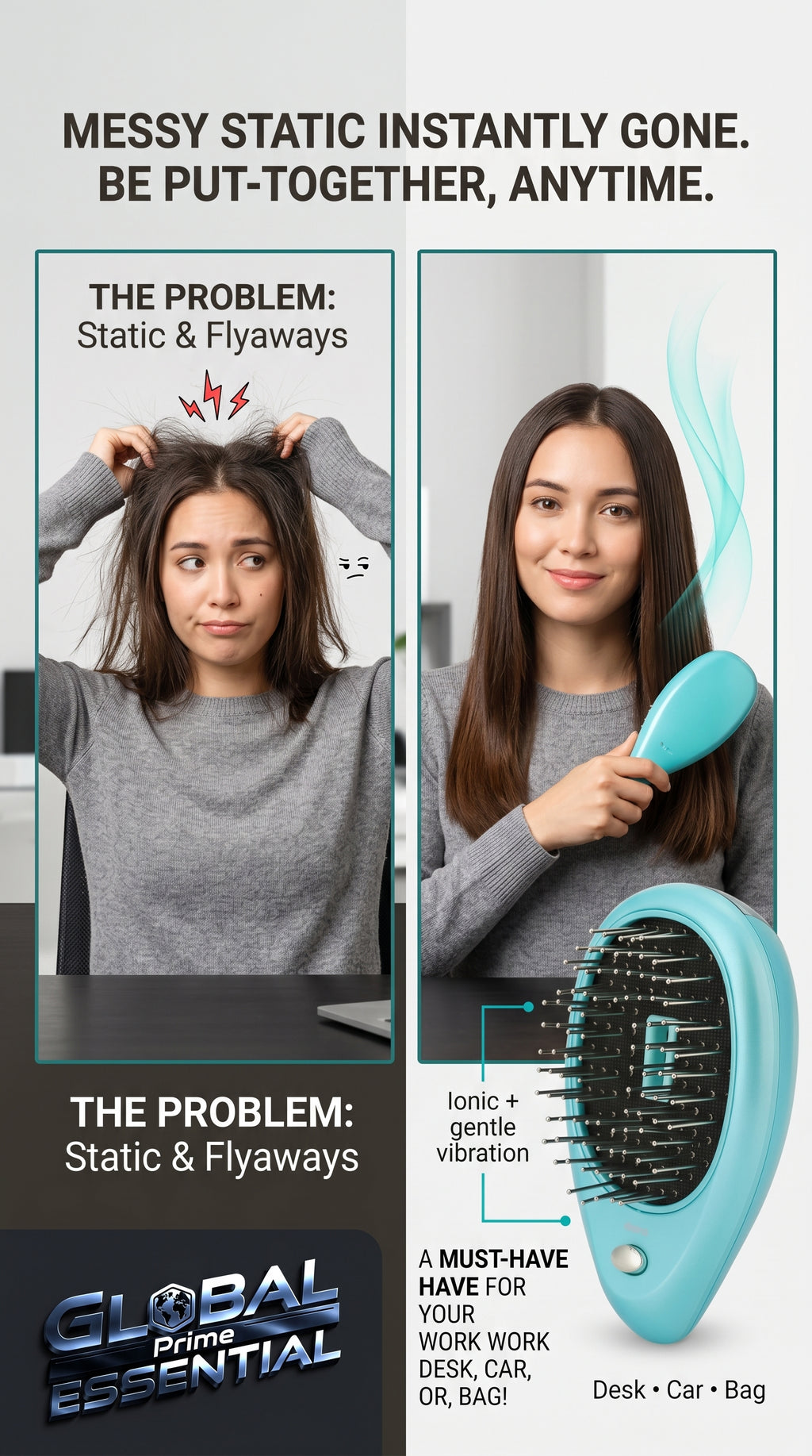 Anti‑Static Ionic Vibrating Hair Brush – Frizz‑Reducing Detangler & Scalp Massager