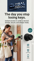 Smart door knob by Global Prime Essential with digital keypad and modern design, replacing traditional key locks on a door.