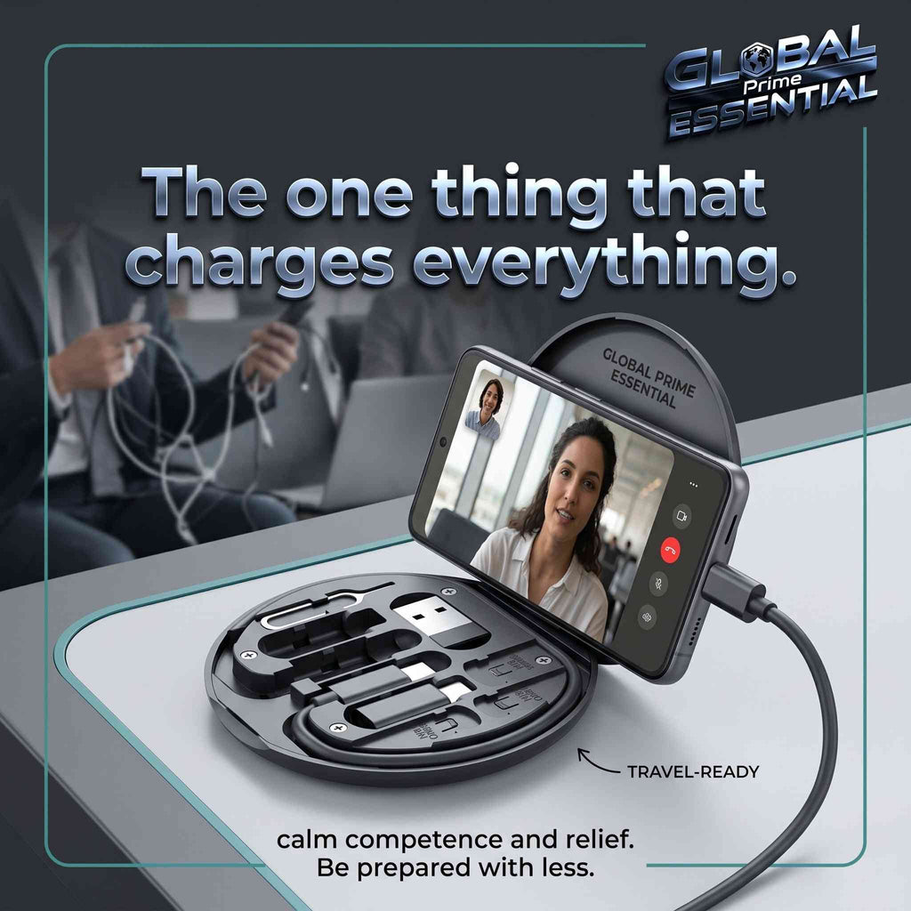 Global Prime Essential multi charging adapter kit with USB-C, Lightning, Micro USB, and USB-A cables for all device charging needs.