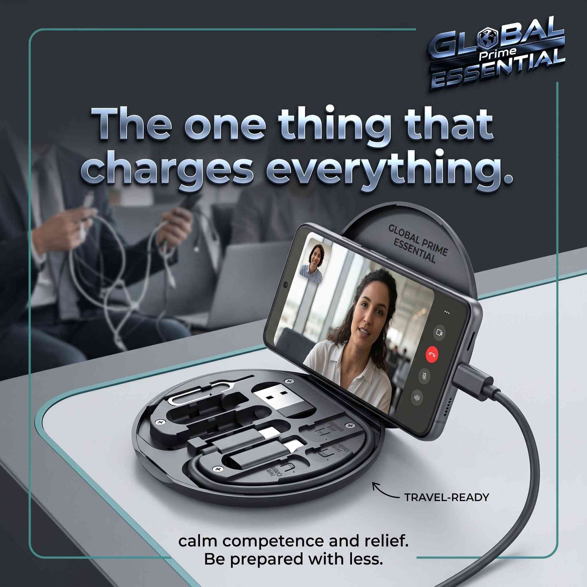 Global Prime Essential multi charging adapter kit with USB-C, Lightning, Micro USB, and USB-A cables for all device charging needs.