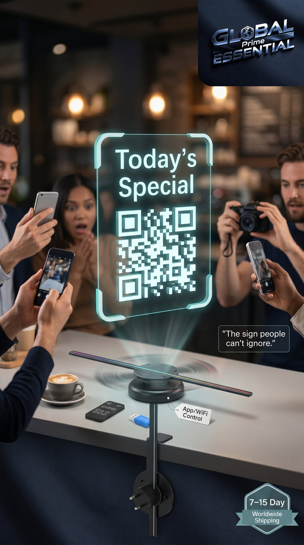3D hologram fan displaying eye-catching floating visuals for shops, events, or home use by Global Prime Essential.