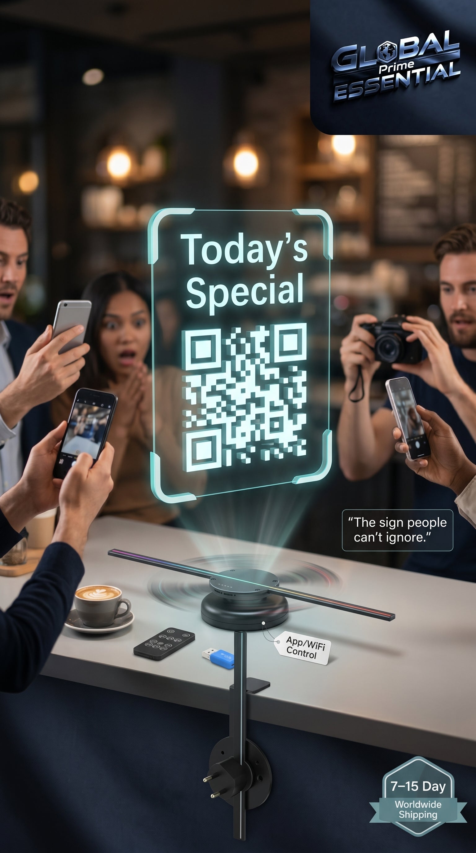 3D hologram fan displaying eye-catching floating visuals for shops, events, or home use by Global Prime Essential.