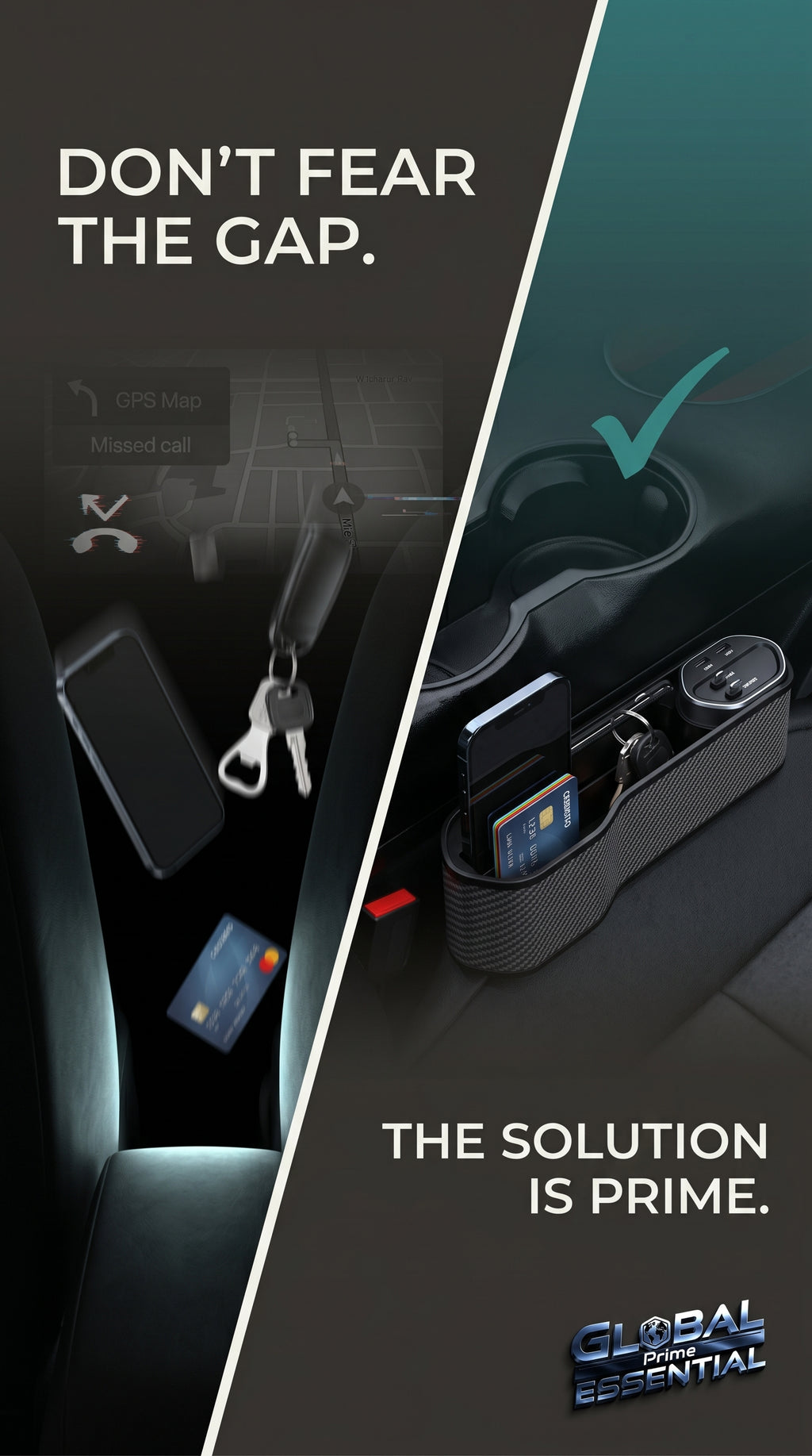 Global Prime Essential car seat gap organizer filling the space between seats to prevent items from falling into the void.