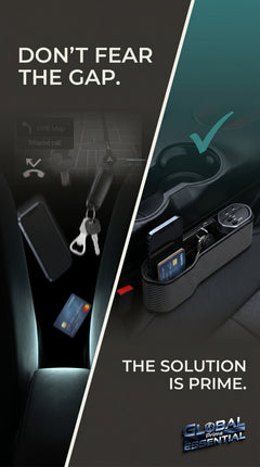 Global Prime Essential car seat gap organizer filling the space between seats to prevent items from falling into the void.