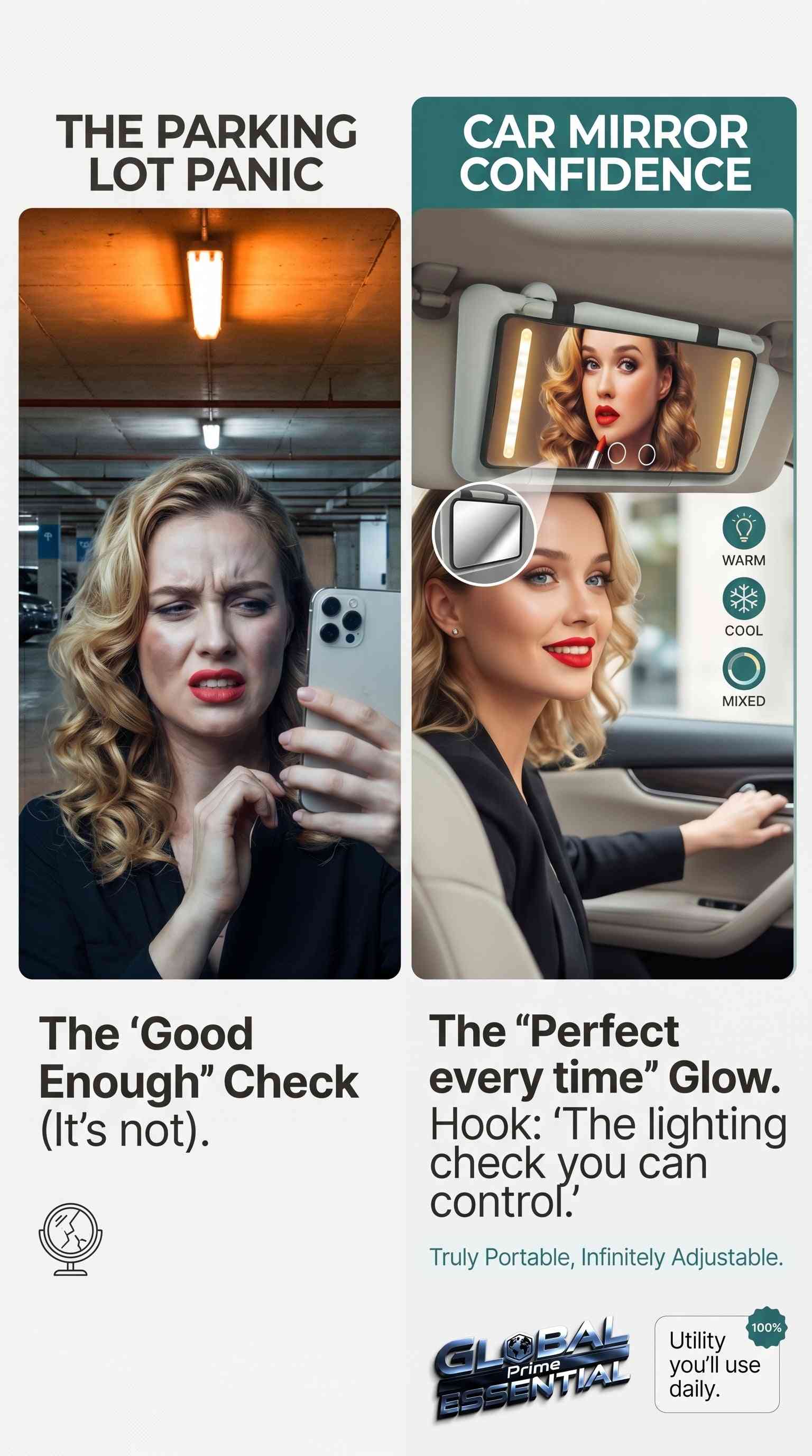 Global Prime Essential LED car makeup mirror with adjustable lighting modes, high clarity, and portable design for precise makeup application.