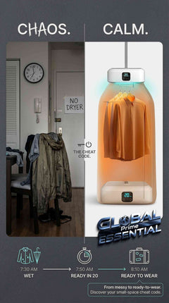 Global Prime Essential portable electric clothes dryer with foldable design, UV light, ideal for travel and small apartment use.