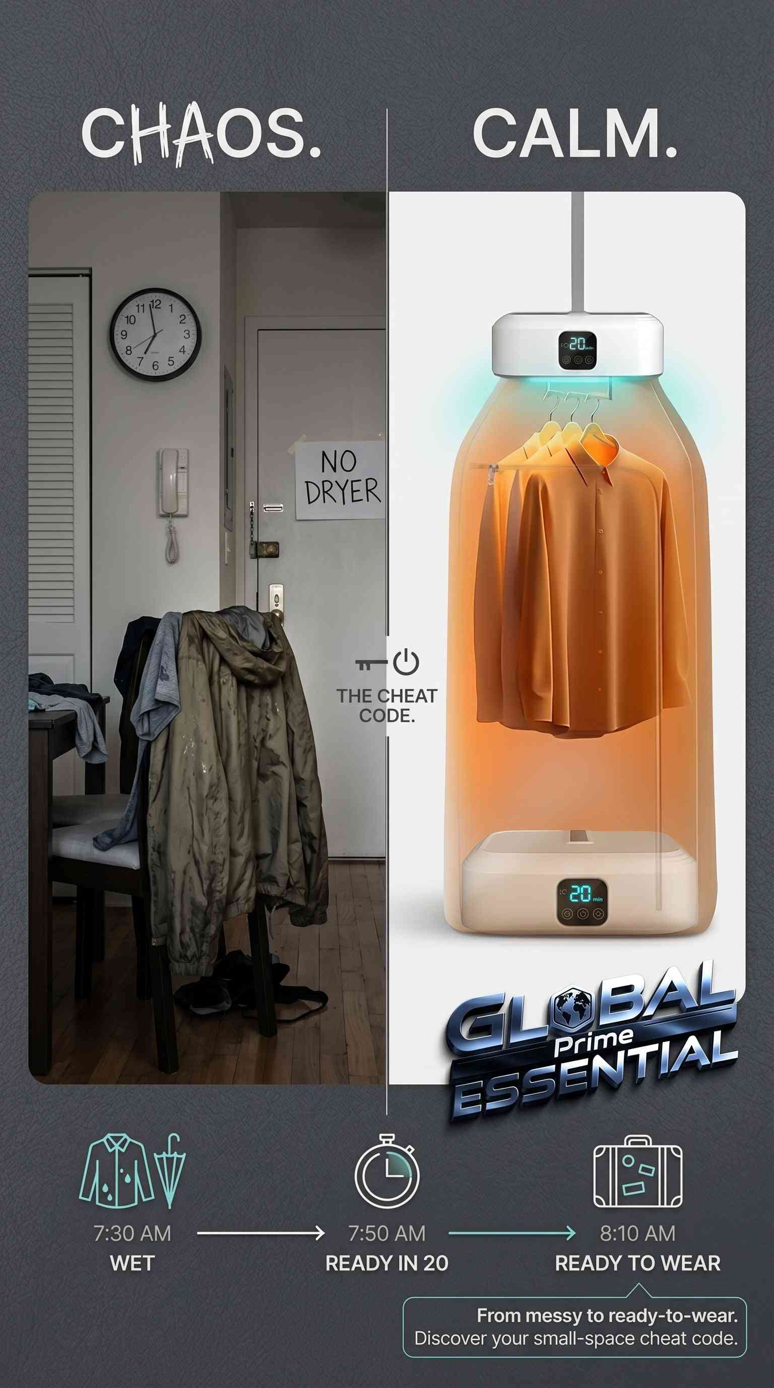 Global Prime Essential portable electric clothes dryer with foldable design, UV light, ideal for travel and small apartment use.