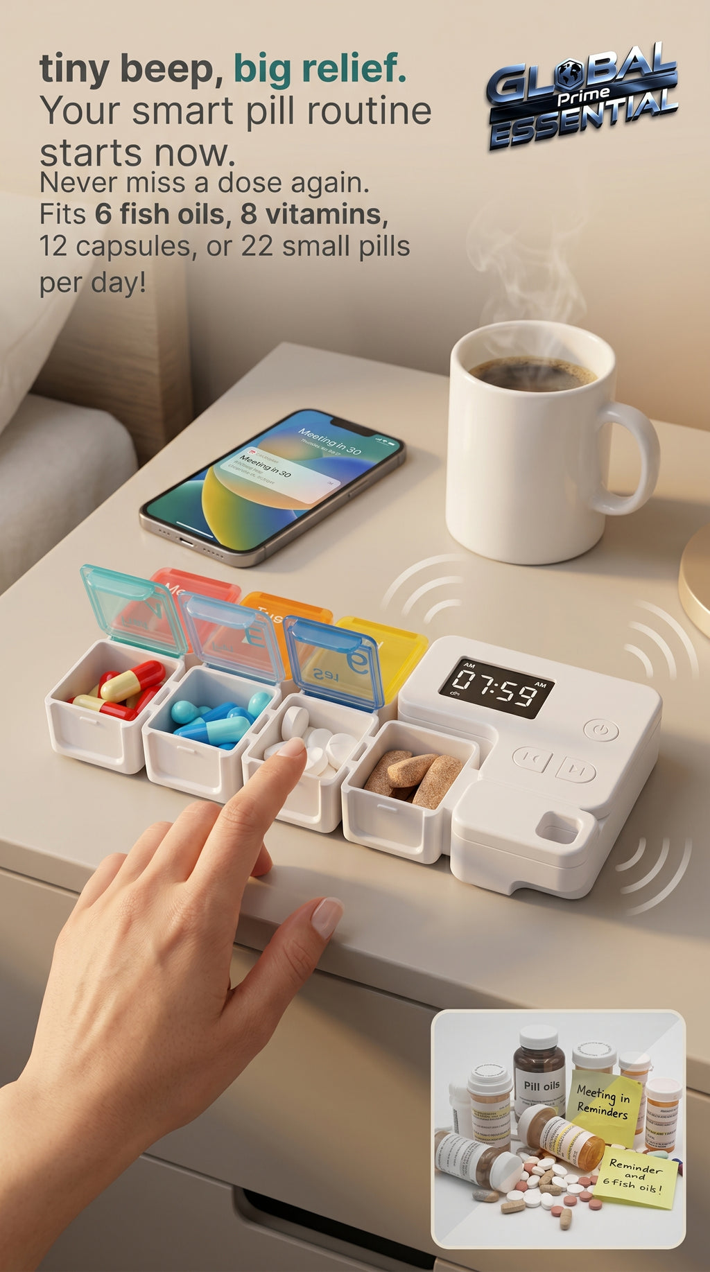 Global Prime Essential drug storage alarm box with digital display and safety features for secure medication management