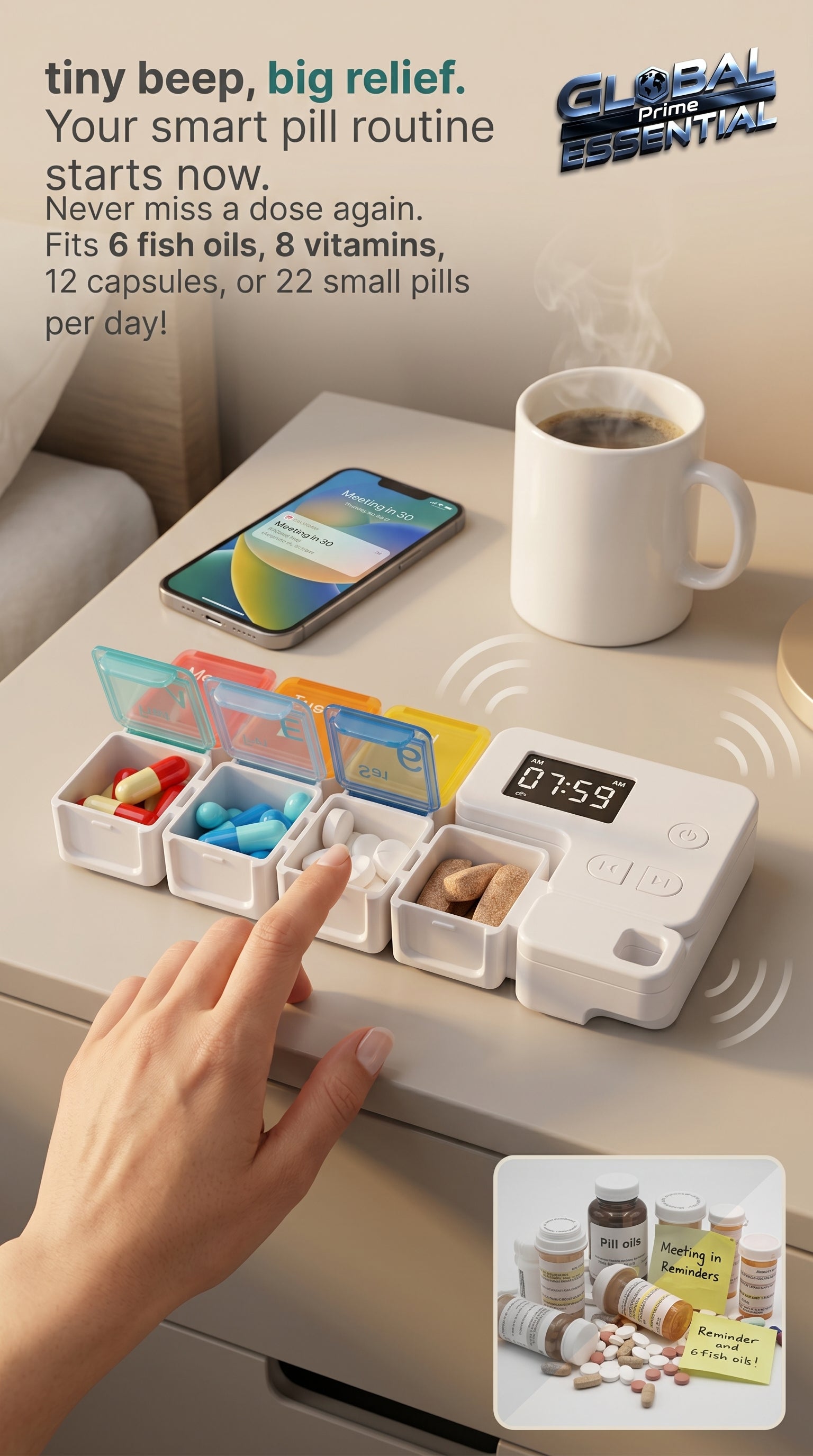 Global Prime Essential drug storage alarm box with digital display and safety features for secure medication management