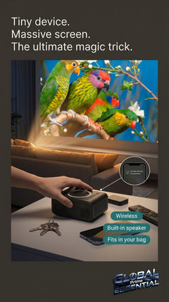 Mini LED wireless projector from Global Prime Essential displaying a vibrant image on a wall for home entertainment.