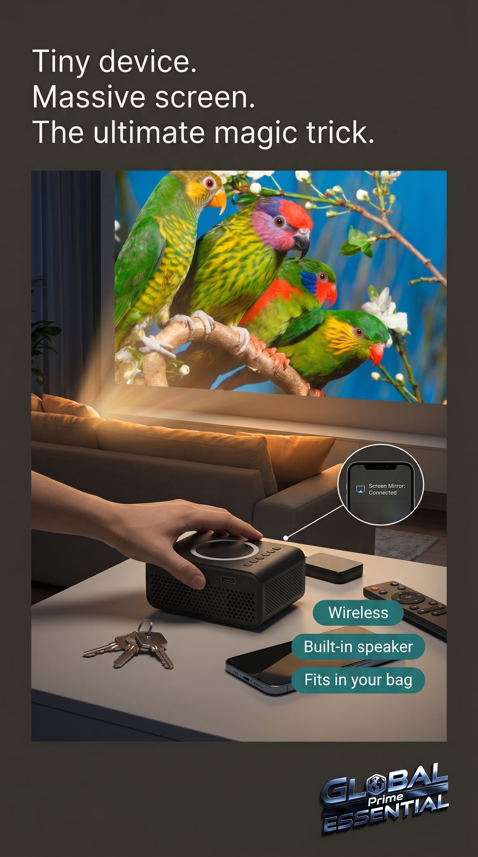 Mini LED wireless projector from Global Prime Essential displaying a vibrant image on a wall for home entertainment.