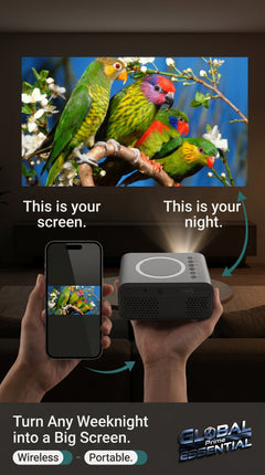 Mini LED wireless projector from Global Prime Essential showing a bright image projected onto a wall in a home entertainment setting.