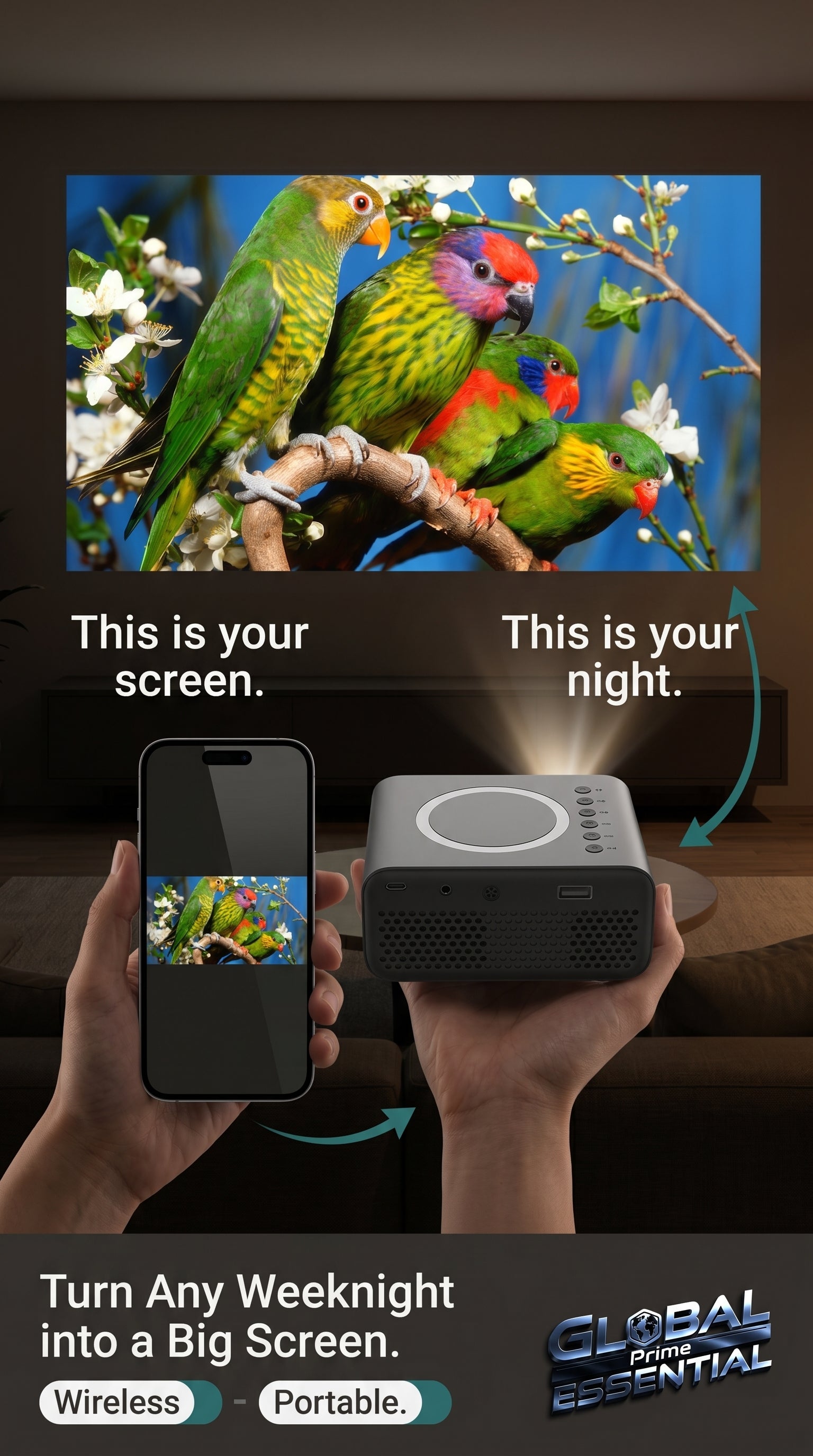Mini LED wireless projector from Global Prime Essential showing a bright image projected onto a wall in a home entertainment setting.