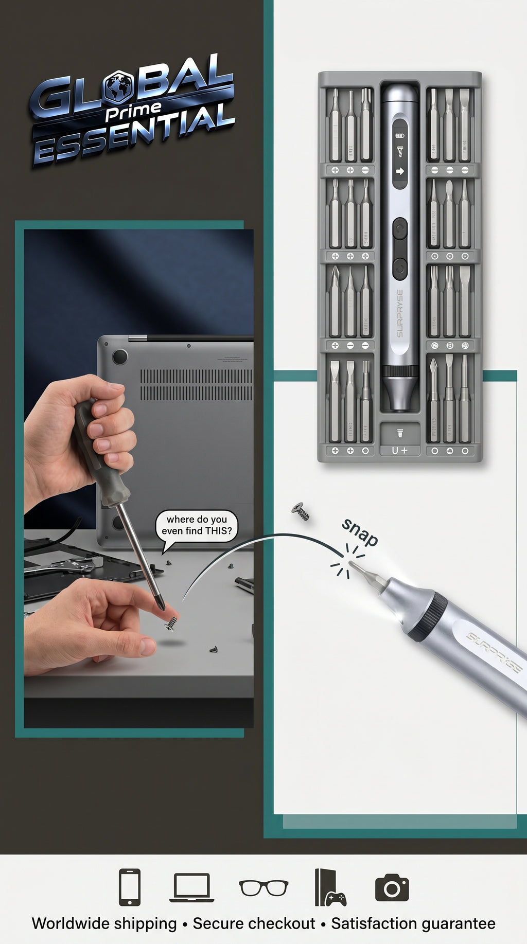 Global Prime Essential electrical screwdriver set with tiny screws for phone, laptop, and electronics repair tools.