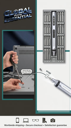 Global Prime Essential electrical screwdriver set with tiny screws for phone, laptop, and electronics repair tools.