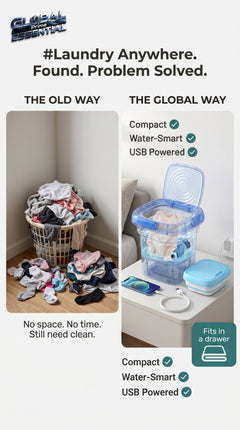 Global Prime Essential folding washing machine compactly designed for small spaces, with a front-loading door and control panel.