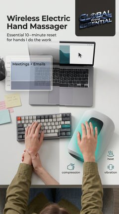 Wireless electric hand massager by Global Prime Essential relaxing tired hands with gentle massage in a home setting