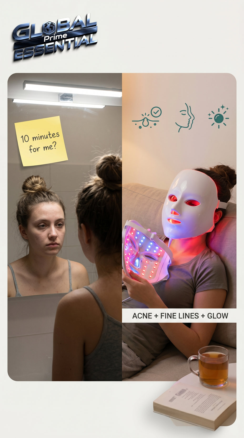 Global Prime Essential therapy mask for tired skin, designed to rejuvenate and restore your natural glow in just 10 minutes.