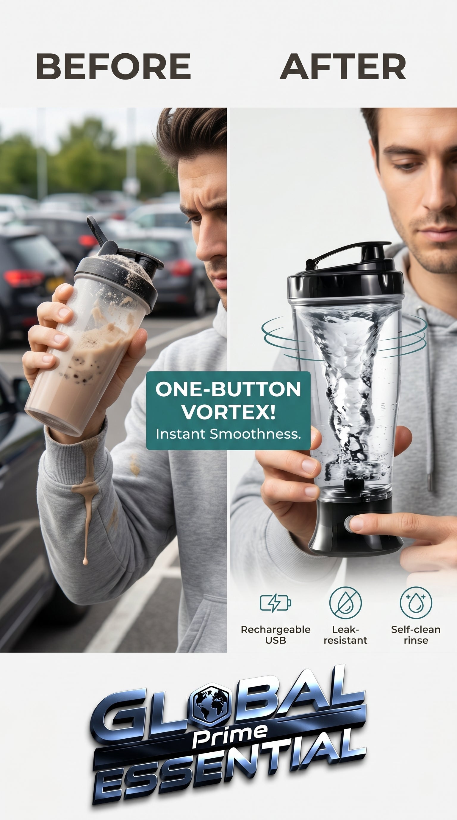 Global Prime Essential automatic protein shaker bottle with electric mixer for smooth, clump-free fitness shakes.