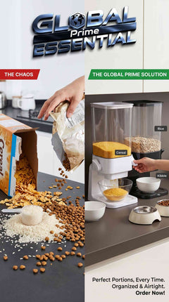 Global Prime Essential 5L dry food dispenser with airtight silicone seal, ideal for cereal and pet food storage in the kitchen.