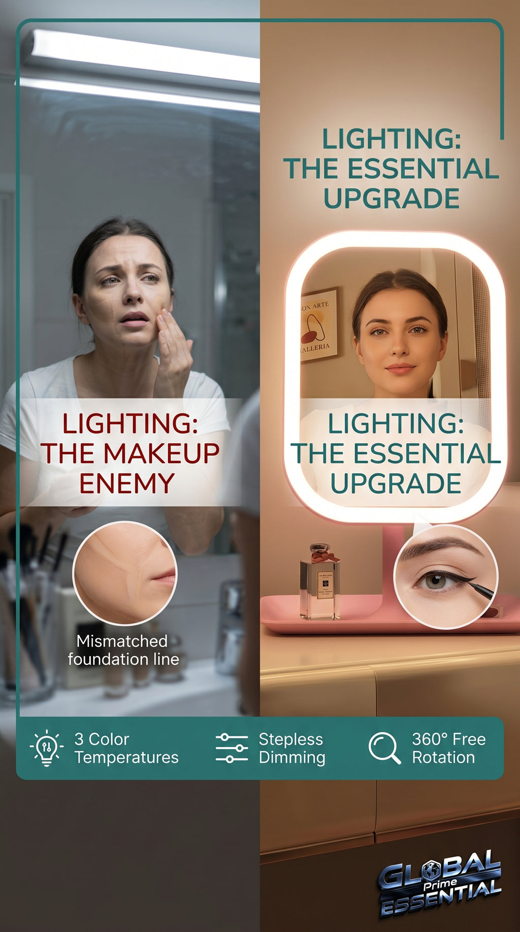 Global Prime Essential LED makeup mirror with bright, adjustable lighting showing a person applying makeup with even illumination.