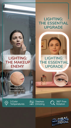 Global Prime Essential LED makeup mirror with bright, adjustable lighting showing a person applying makeup with even illumination.