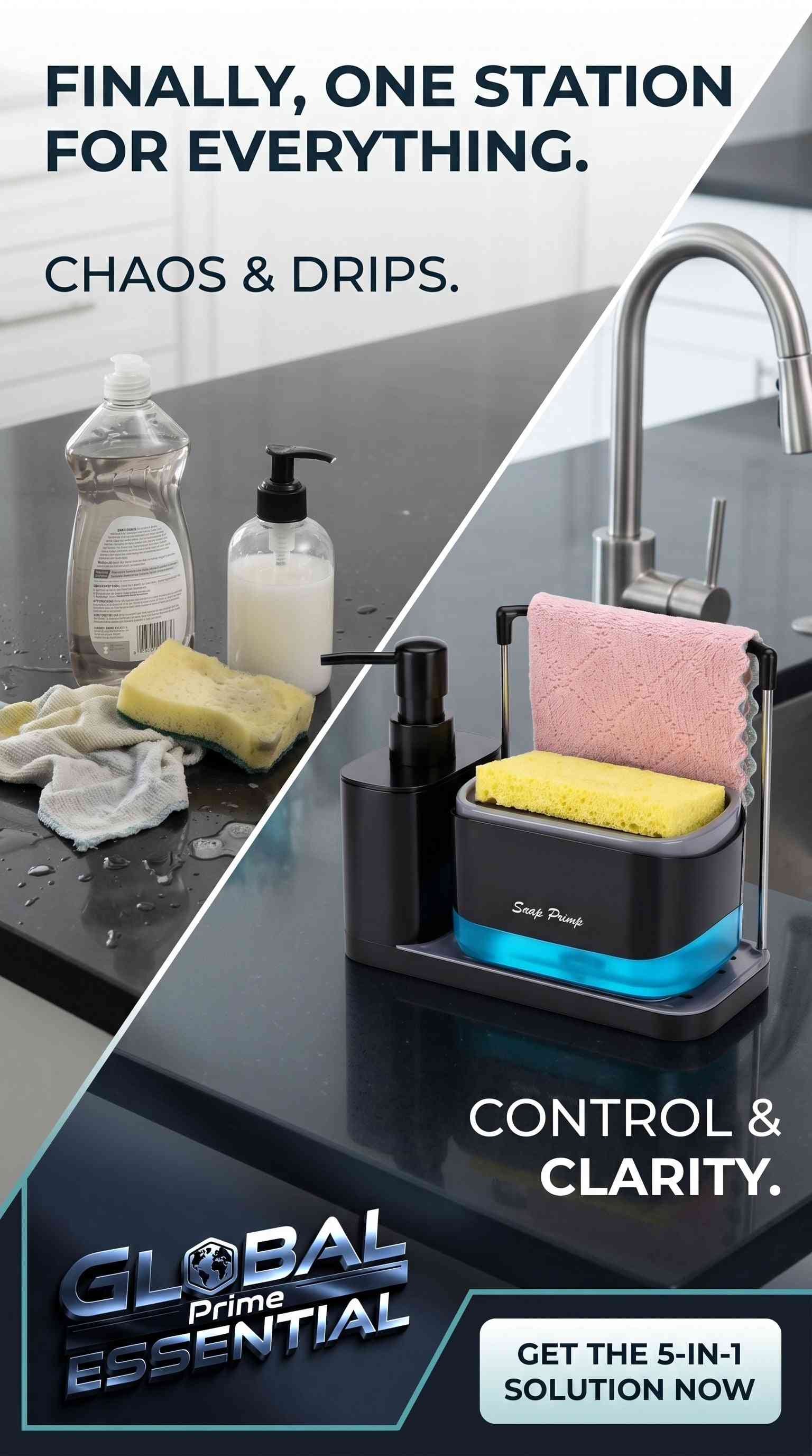 Global Prime Essential 5-in-1 soap dispenser set with dual pump, sponge holder, and draining tray for kitchen sink organization