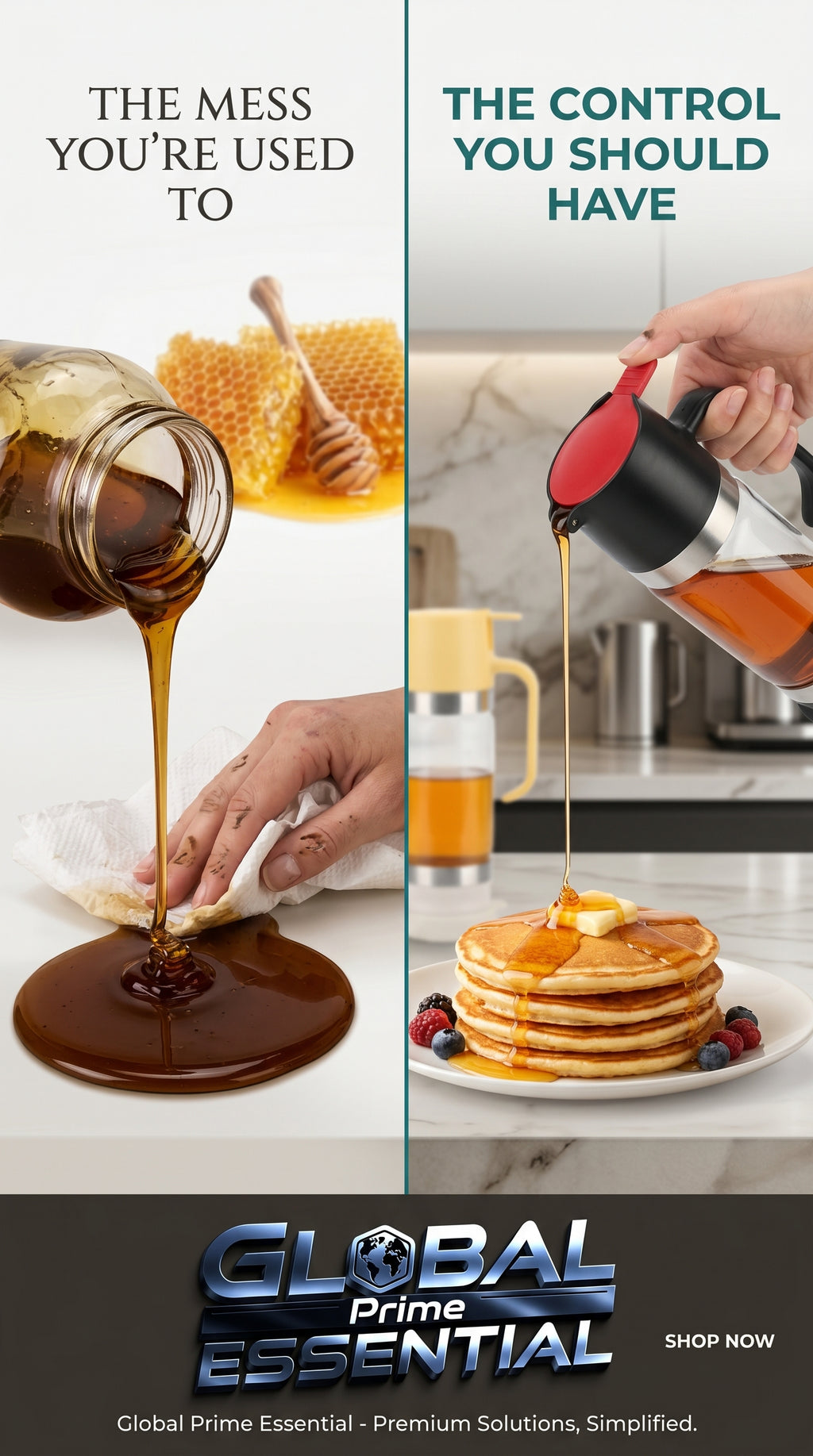 Global Prime Essential honey dispenser with handle and no-drip spout, designed to reduce sticky honey messes.