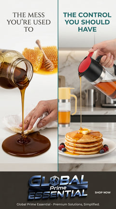 Global Prime Essential honey dispenser with handle and no-drip spout, designed to reduce sticky honey messes.