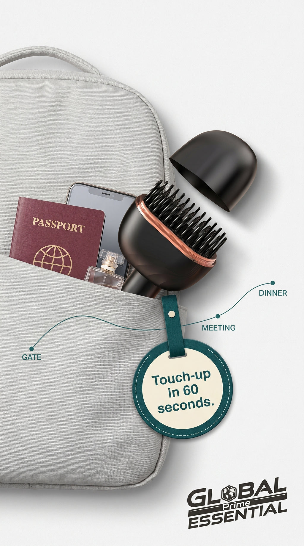 Global Prime Essential portable hair straightener for quick touch-ups, travel-ready and heats up in 60 seconds.