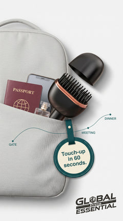 Global Prime Essential portable hair straightener for quick touch-ups, travel-ready and heats up in 60 seconds.