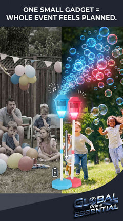 Kids standing bubble machine by Global Prime Essential with LED lights, music, adjustable height, and battery power for parties.