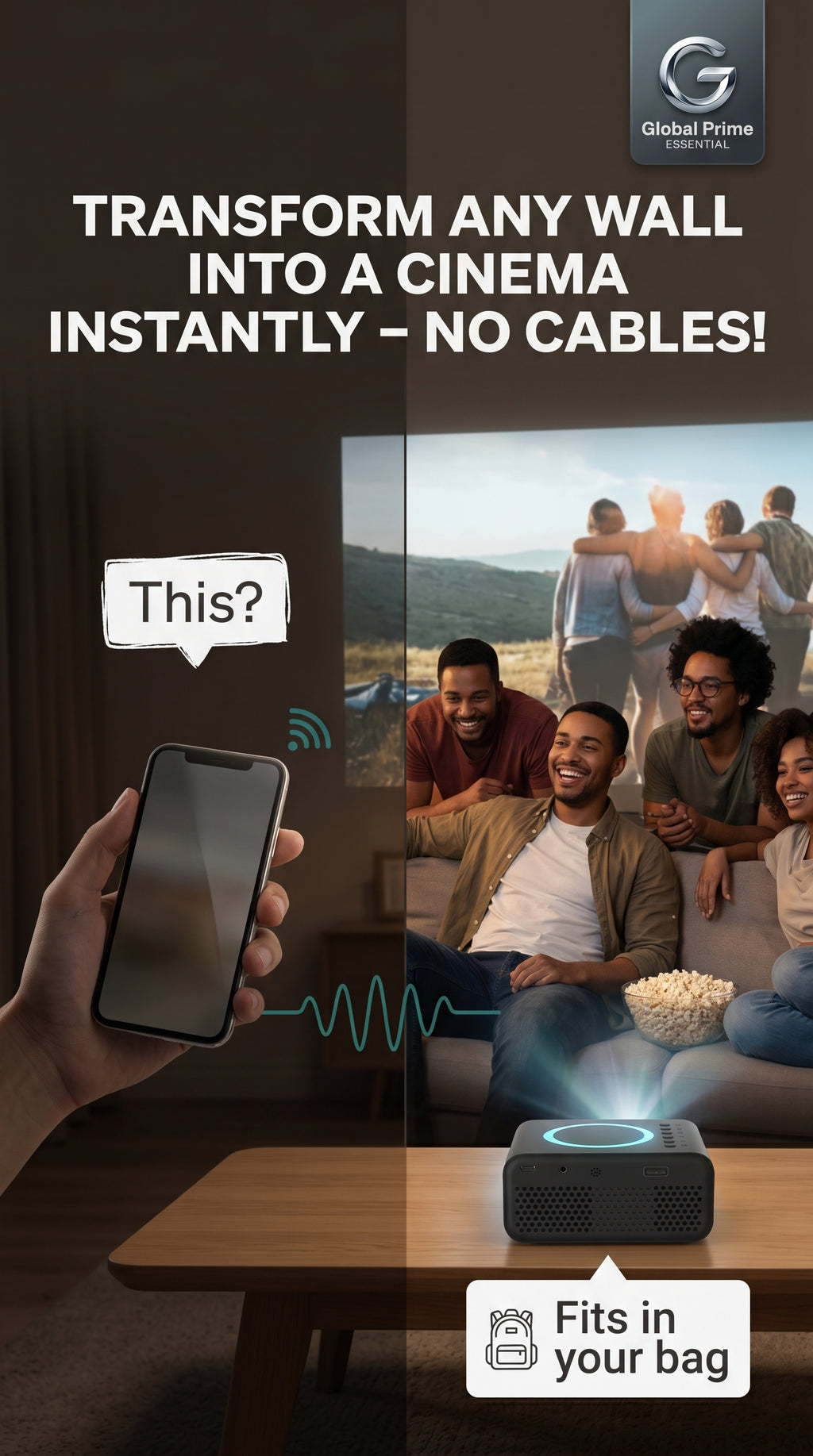 Mini LED wireless projector by Global Prime Essential projecting onto a wall to create a home cinema experience.