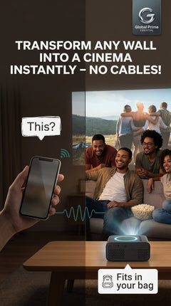 Mini LED wireless projector by Global Prime Essential projecting onto a wall to create a home cinema experience.