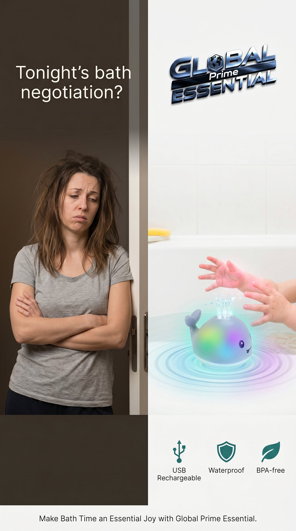 Global Prime Essential rechargeable whale bath toy for babies, light-up bath toy designed for fun during bath time.