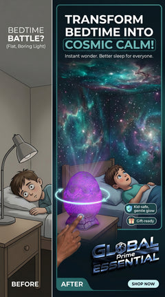 Colorful Dinosaur Egg Galaxy Projector by Global Prime Essential displaying a starry night sky for kids' bedtime illumination.