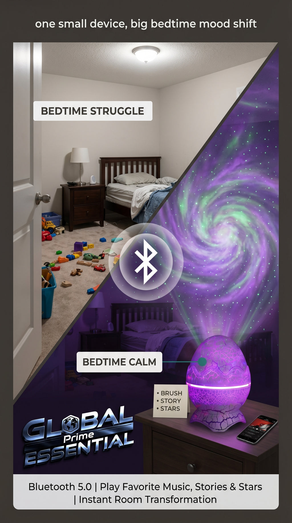 Global Prime Essential Dinosaur Egg Galaxy Projector displaying a colorful starry sky night light for kids' bedtime relaxation.